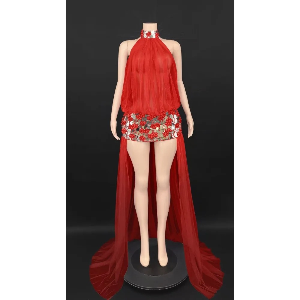 Women Sexy Halter Mesh Trailing Dress Sheer Long Train Gown Party Club Stage Performance Costume Evening Outfit