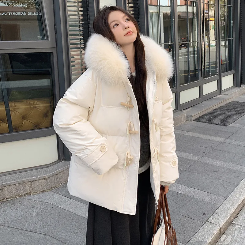 

Women Thick Parkas Single Breasted Coats Hooded Spliced Pockets Fur Collar Zipper Jackets Warm Long Sleeve Simple Jacket Winter