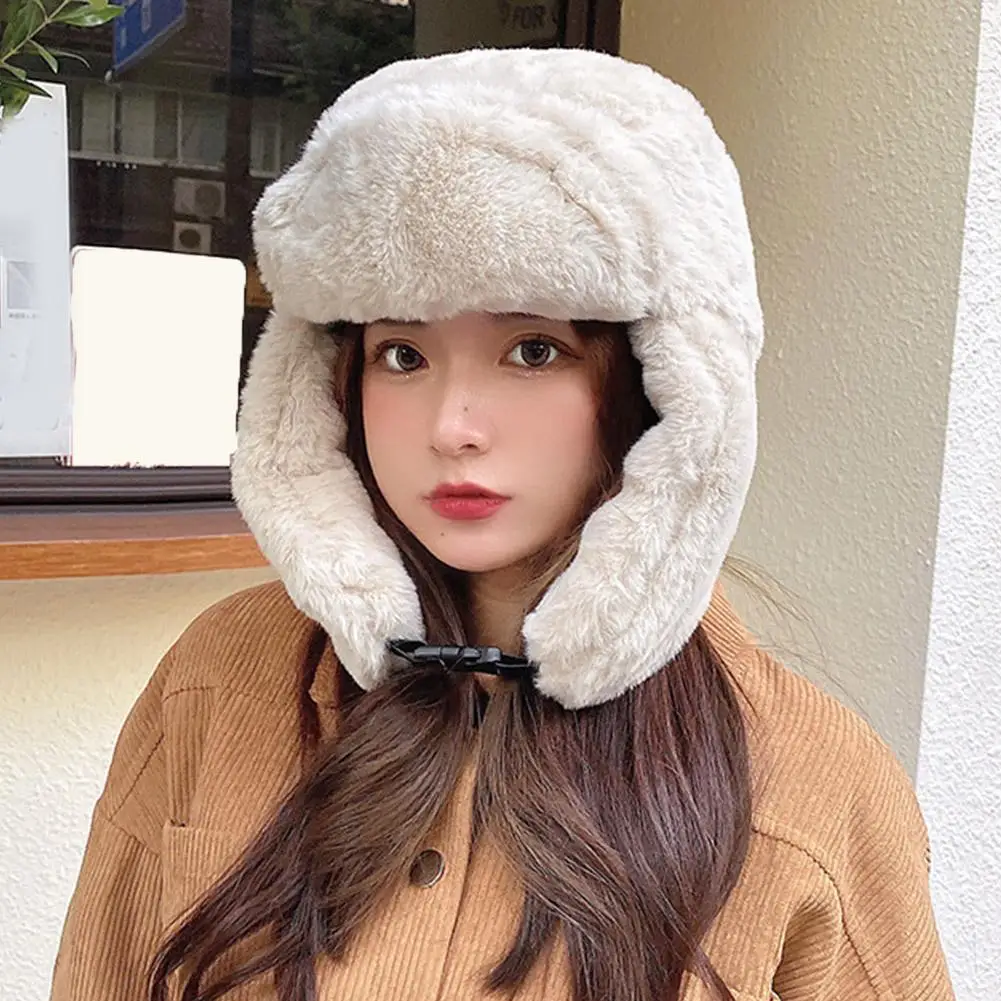 Women Russian Ushanka Cap Fashion Trapper Pilot Earflap Cap Outdoor Winter Thickened Windproof Ski Hat Buckle Bomber Hat