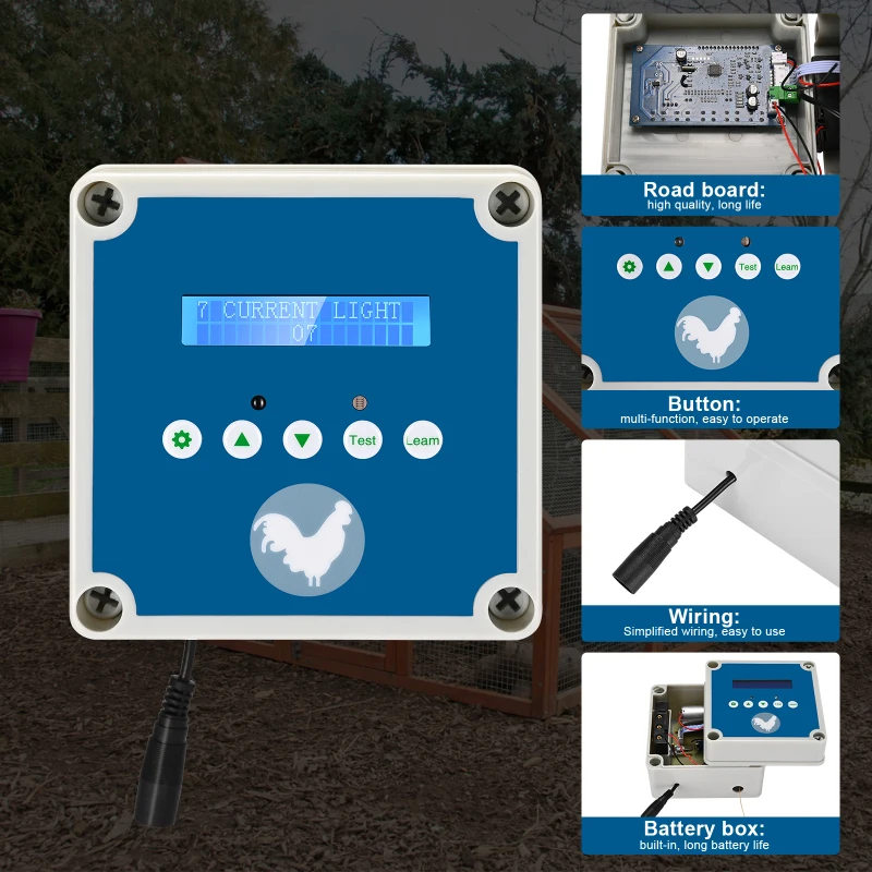 Imagem -03 - Porta Solar Automática para Frango com Controle Deslizante Abridor de Galinheiro Tela Lcd com Temporizador e Sensor de Luz para Manutenção Segura de Frango