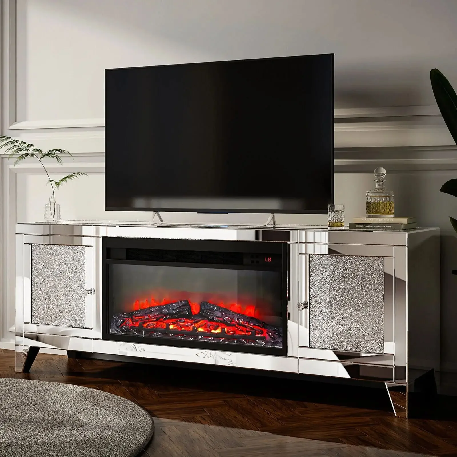 Luxury 59 inch silver mirror fireplace TV cabinet with double doors RGB multi-color adjustable fireplace flame