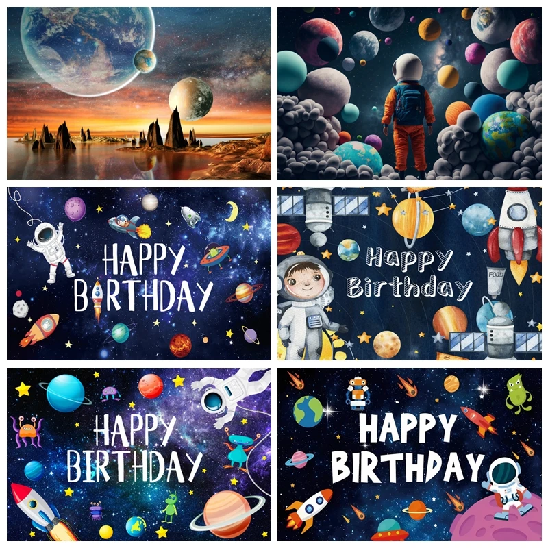 

Universe Earth Space Planet Astronaut Backdrop Starry Sky Spacecraft Baby Birthday Party Photography Background Photozone Banner