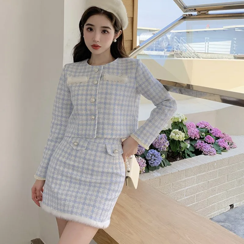 Women Spring Fashion Small Fragrance Elegant 2 Piece Set Blue Plaid Tweed Long Sleeve Short Coat + Bodycon Mini Skirts Suit