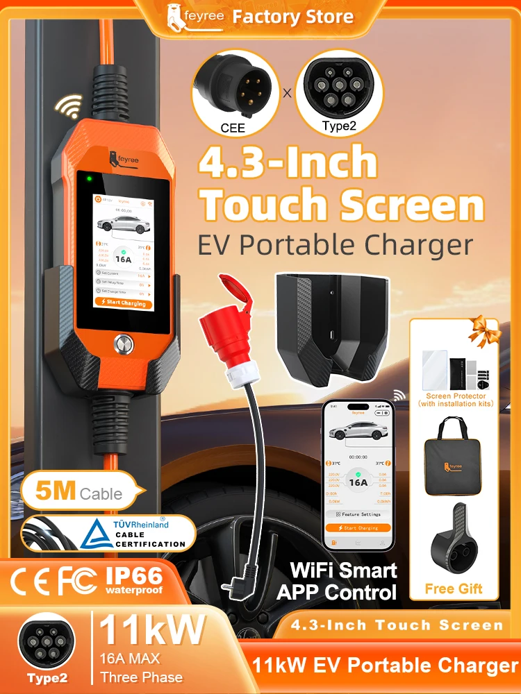 Feyree Typ2 11kW 4,3'' Touchscreen Tragbares EV-Ladegerät für den Heimgebrauch mit Doppeltemperaturschutz & APP-Verlaufsaufzeichnung für Elektrofahrzeuge