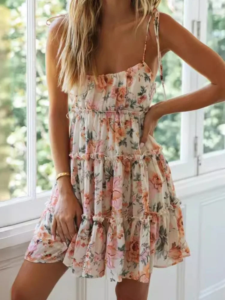 

Summer Vacation Style Sexy Printed Suspender Dress Women's Fashion Lace-up Floral Mid-waist Elegant Sleeveless Mini Dresses