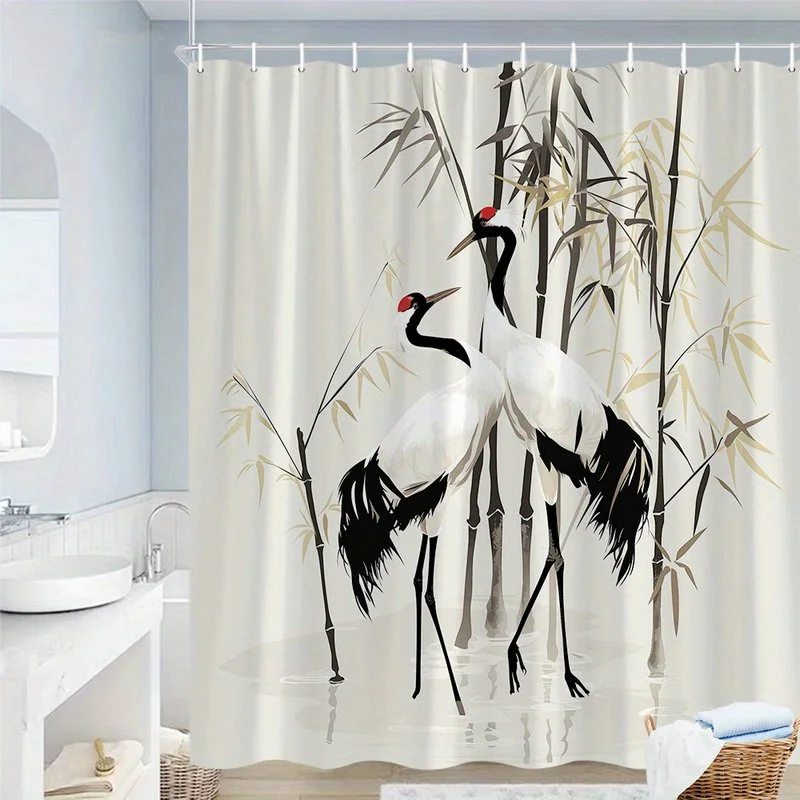 

Chinese Ink Painting Shower Curtain, Red Crowned Crane and Bamboo Design Oriental Zen Bathroom Decor Waterproof Polyester Fabric