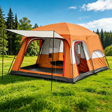 4/8/12-person outdoor family camping tent with a removable awning; spacious interior accommodates multiple people; multiple mesh windows provide ventilation and keep out mosquitoes; windproof, waterproof, and UV-resistant; suitable for all seasons