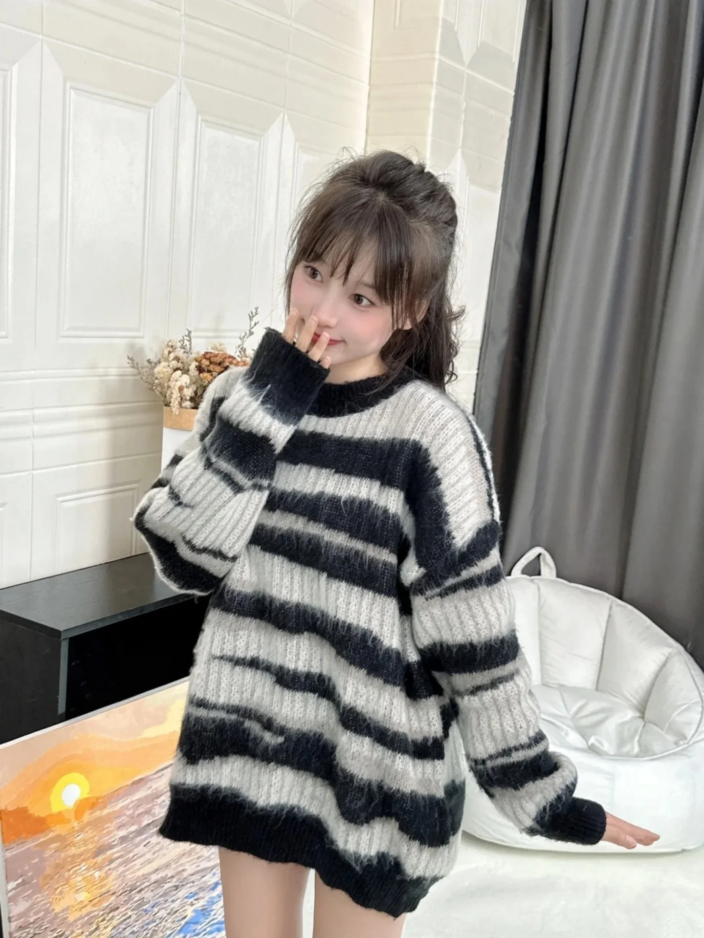 

Повседневный вязаный свитер в полоску с длинными рукавами для пар, осенне-зимняя новинка, удобный свободный крой, пуловер с круглым вырезом