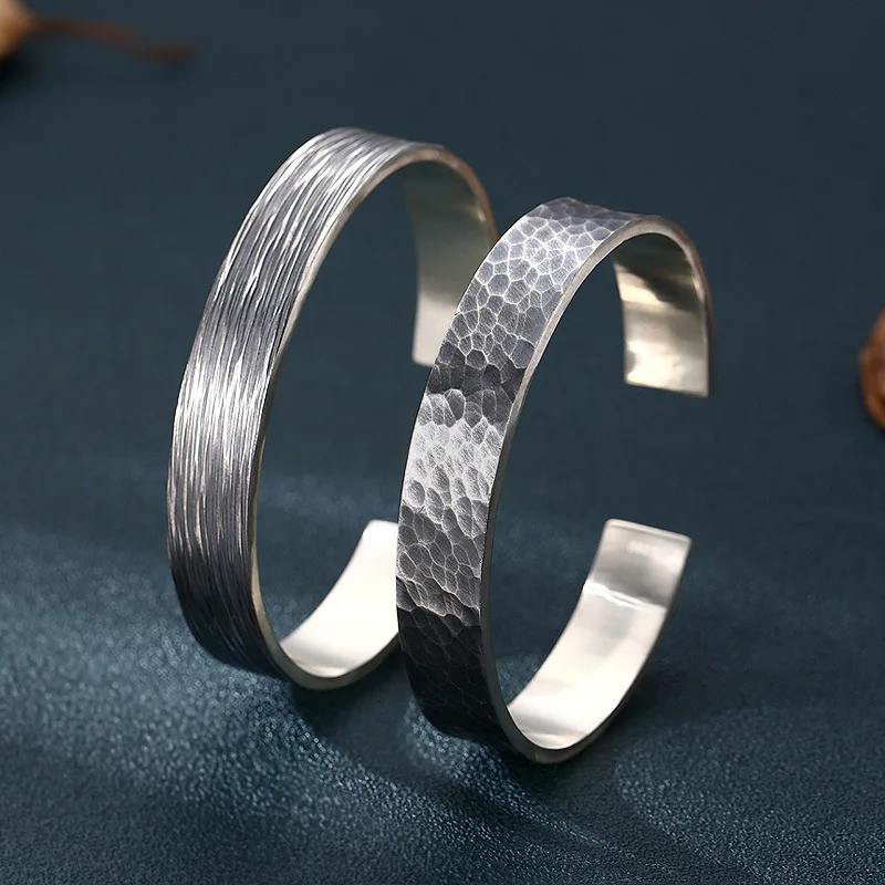 

S990 Sterling Silver Handmade Bangle Old Process Free Size Heavy Body Unisex Thailand Beat Pattern Fine Jewelry FYBT138