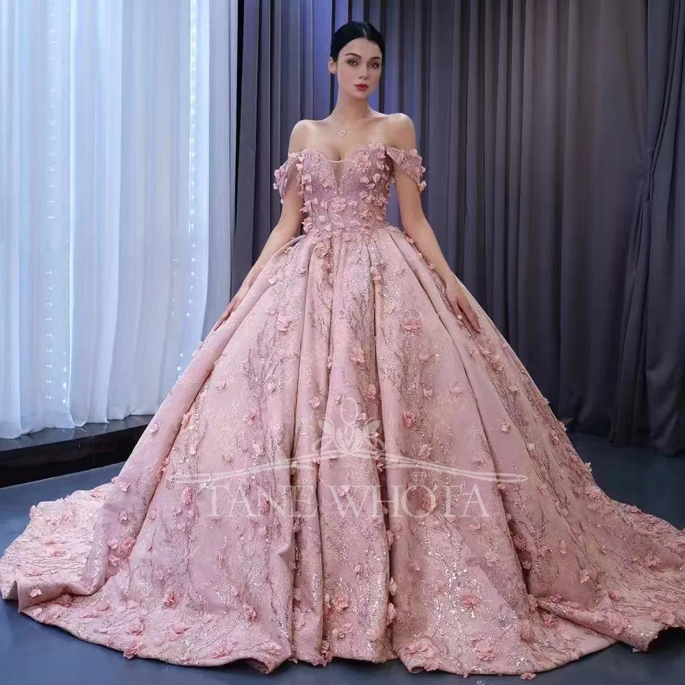 

15 Quinceanera Pink Ball Gown Off-Shoulder Sweetheart Lace-Up Back Embroidery Appliques Sequined Customized Dress For Girls