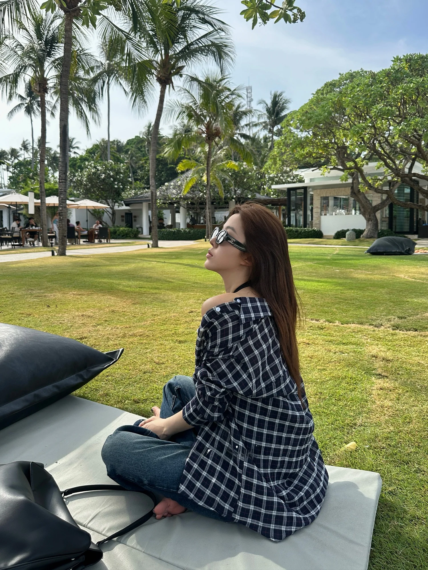 

Falin X Women's Loose Long Sve Plaid irt Stand Collar Transparent Design Spring Early Cotton Polyester Blend Outerwear