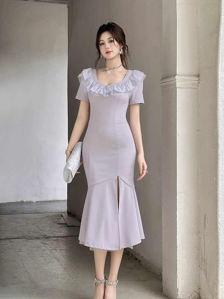 Französisches elegantes Fischschwanz-Bodycon-Kleid, Sommer, Rüschen, Rundhalsausschnitt, kurze Ärmel, hohe Taille, schlankes Schlitz-Temperament, langes Kleid für Damen