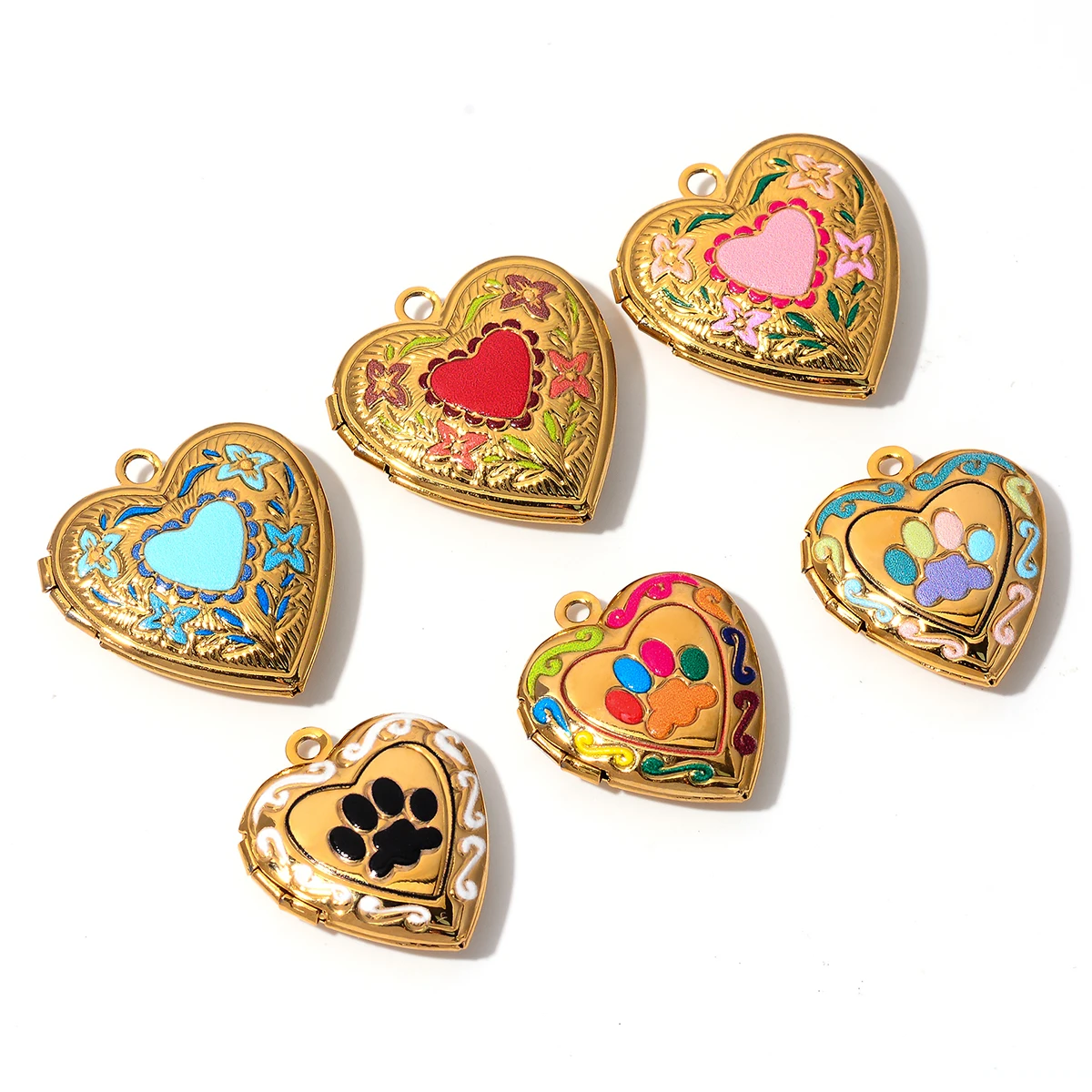 Großhandel 4 Stück/Set Emaille Bunte Fotorahmen-Medaillon-Anhänger Edelstahl Herz-Charms für Schmuckherstellung DIY-Zubehör – Detail 2