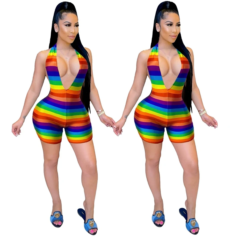 Regenbogen Drucken Backless Sexy Bodycon Strampler Frauen Overall Shorts Sommer Kleidung Ein Stück Club Outfits für Frauen Overalls