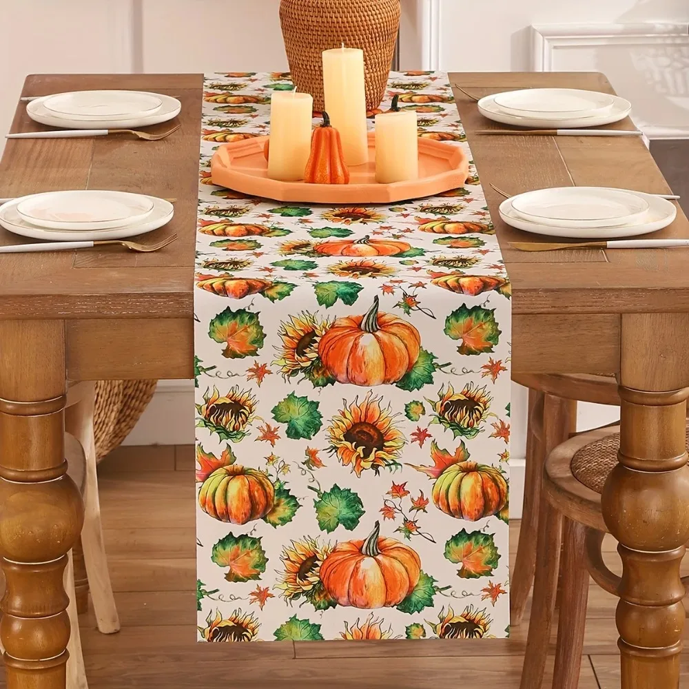 Halloween Theme Linen Table Runners Thanksgiving Harvest Pumpkins Pattern Table Runner Washable Farmhouse Holiday Wedding Decor