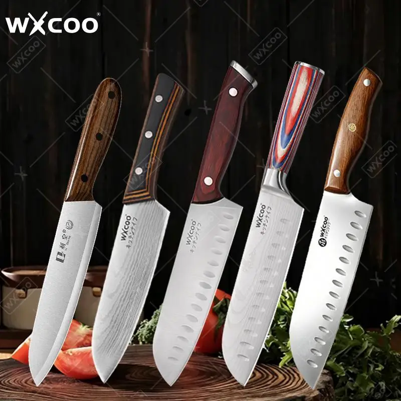 WXCOO Professional Kitchen Knife Set Stainless Steel Japanese Santoku Knife with Wooden Handle Fruit Cutter Vegetable Knife