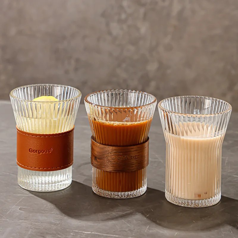 

Japanese Vertical Pattern Milk Glass Tea Cup Transparent Wine Glass Anti-scalding Insulation Brewing Fair Cup Coffee Drinkware