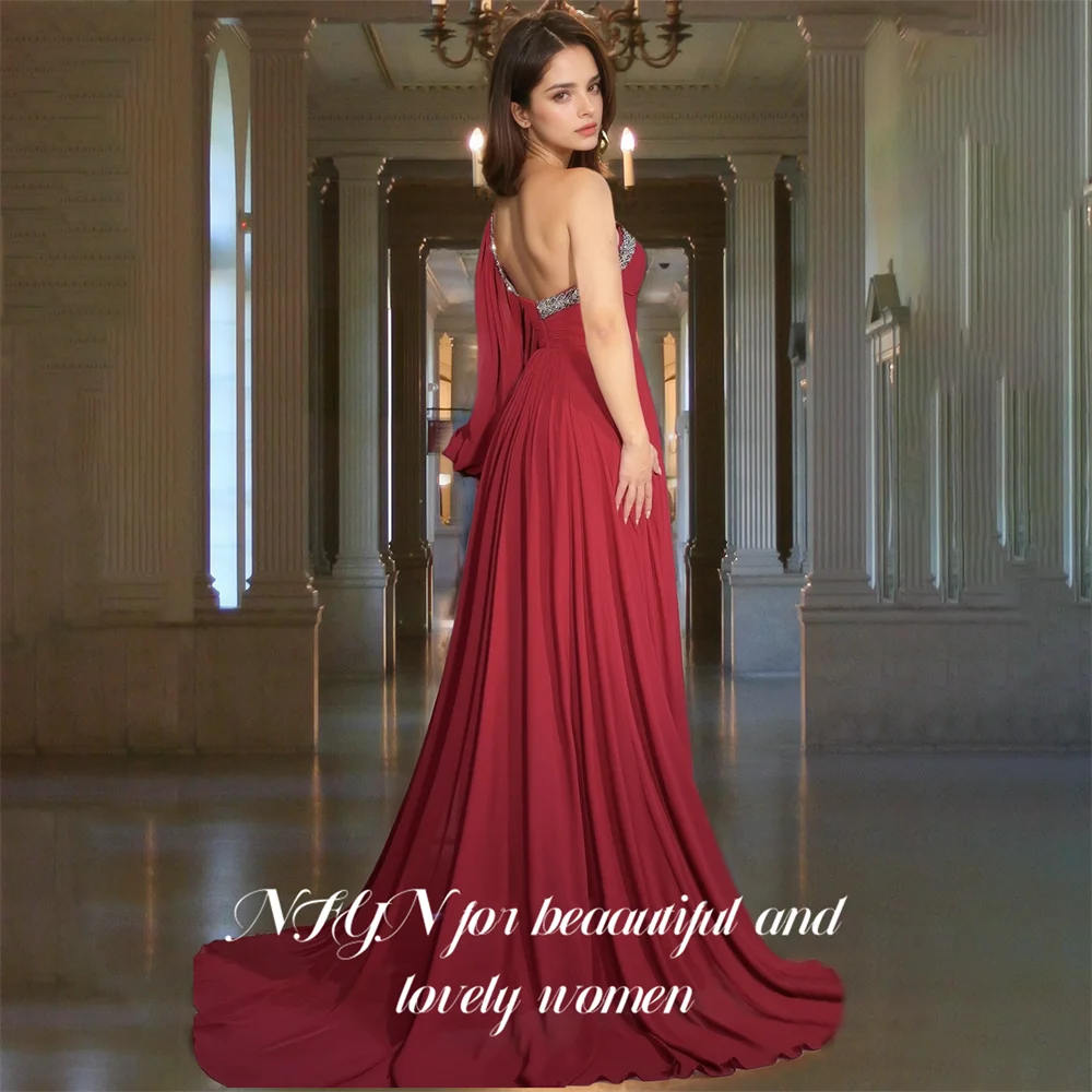 NFYN Burgundy Chiffion One Shoulder Prom Dress Beaded Prom Gown Long Sweetheart Evening Dress Formal Dress with Split Customized