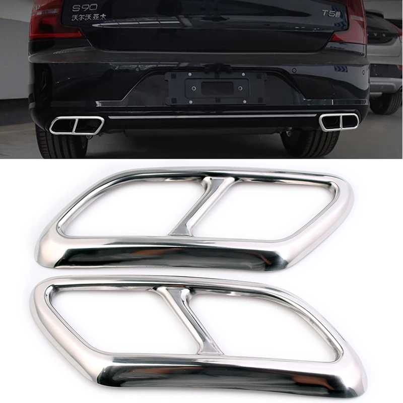 Car Rear Dual Exhaust Muffler End Pipe Sticker Cover Trim For Volvo 2016-2020 S90 V90 S60 Steel Chrome Muffler Part Accessories