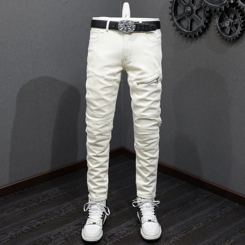 

Street Fashion Men Jeans Beige White Elastic Stretch Skinny Fit Spliced Biker Jeans Patched Zipper Pocket Designer Hip Hop Pants