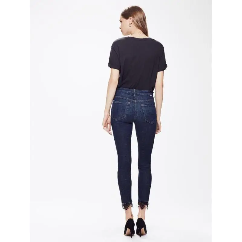 Dave&di Minimalist Fashion Office Lady High Waisted Tight Fitting Small Feet Lace Fringed Cropped Jeans For Women's Denim Pants