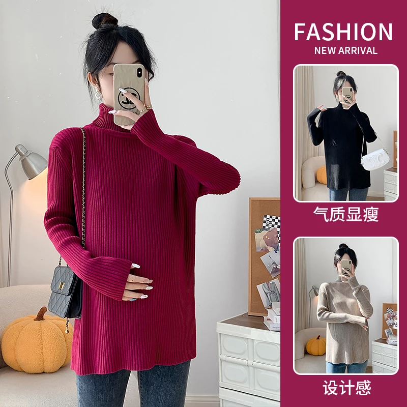 Knitted Maternity Sweaters Solid Thickwinter Dress for Pregnant Women Pregnancy Shirts High Neck Turtleneck Maternity Tops