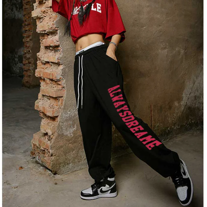 Pantalon de survêtement imprimé lettre pour femme, personnalité de la rue, taille haute, hip-hop, vintage, automne, hiver, nouveau