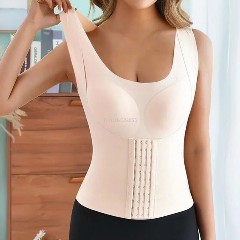 Women\'s 3 in 1 Waist Button Bra Styling Clothing Posture Corrector Weight Loss Cross Back Underwear Belly Sleeveless T-Shirt