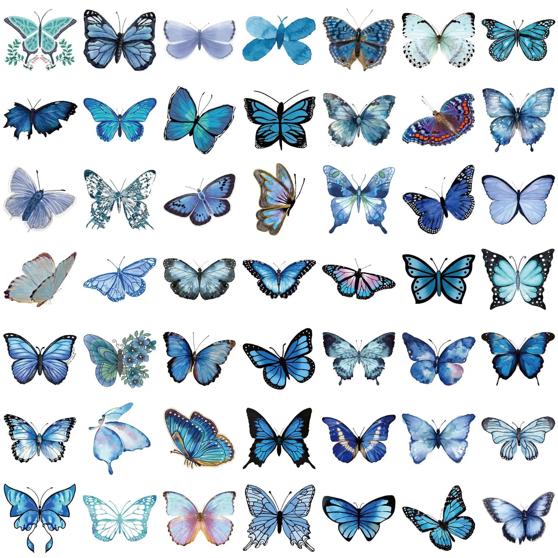 50Pcs Blue Butterfly Graffiti Stickers Waterproof PVC Material Stickers DIY Bicycle Luggage Skateboard