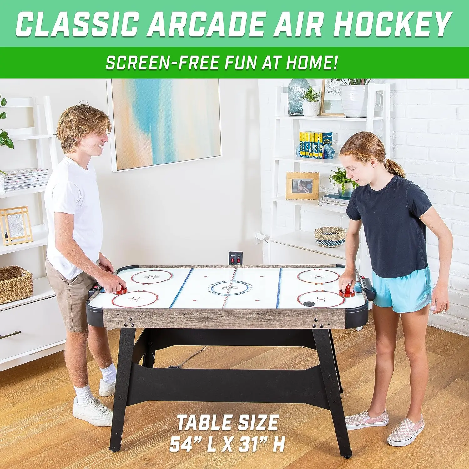 54 Inch Air Hockey Arcade Table for Kids & Adults - Includes 2 Pushers, 3 Pucks, AC Motor, and LED Scoreboard - Oak or