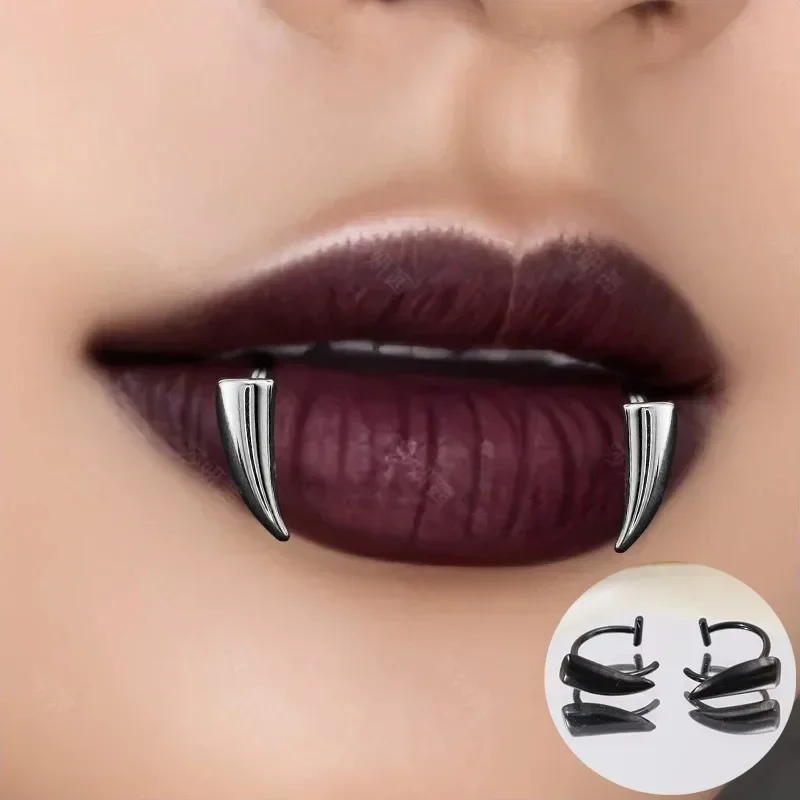 2Pcs Stainless Steel Sharp Teeth Fake Nose Ring Women Men Fashion Fake Nose Piercing Party C Clip Lip Ring Jewelry Accessories