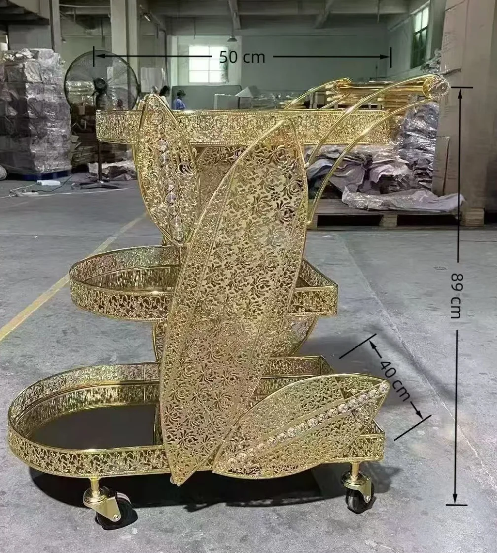 Metal three-layer gold wedding mobile dining car with wheels, suitable for banquet and event catering decoration