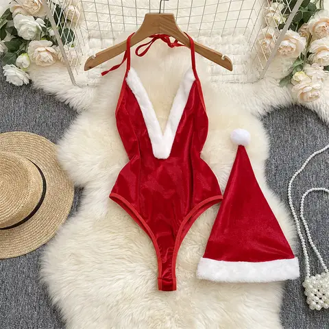 Red Christmas Sexy Lingerie Cosplay Rabbit girl Jumpsuit Belt Women New In Clothies Backless Hollow Out Lace-up Bodysuit Sweet