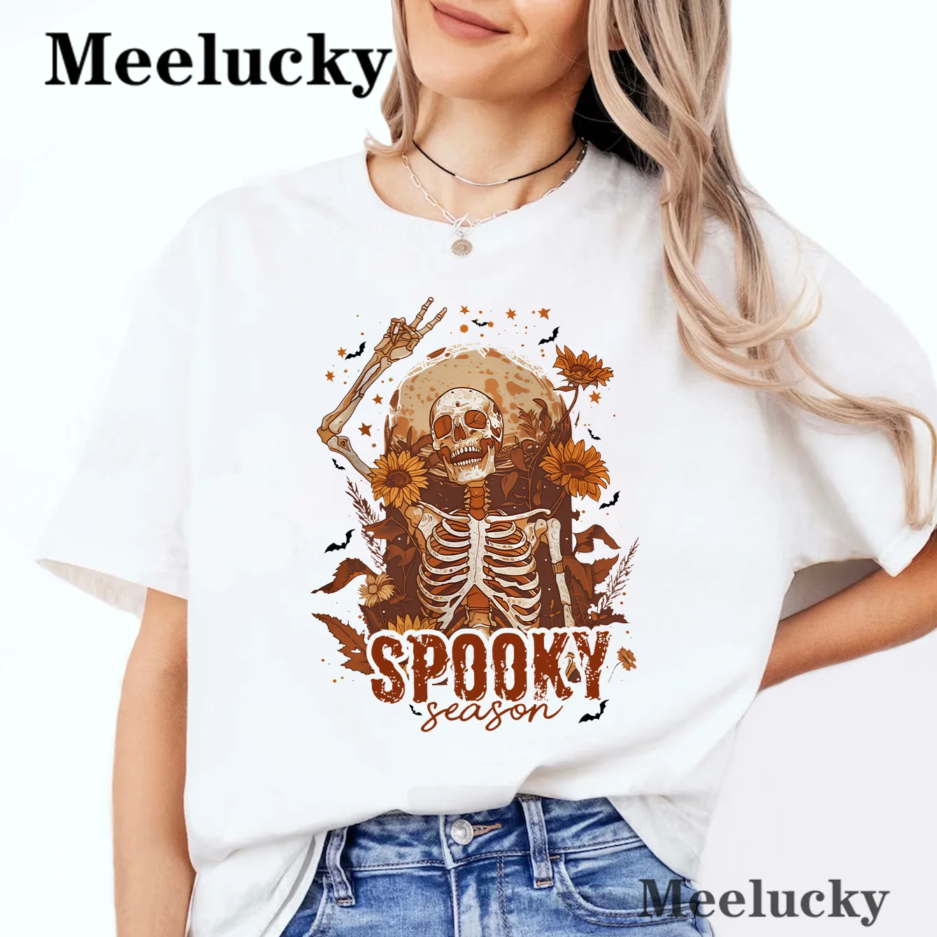 Spooky Season Halloween Print Womens T-Shirts Fashion Tops Street Comfortable Clothing Loose Tee