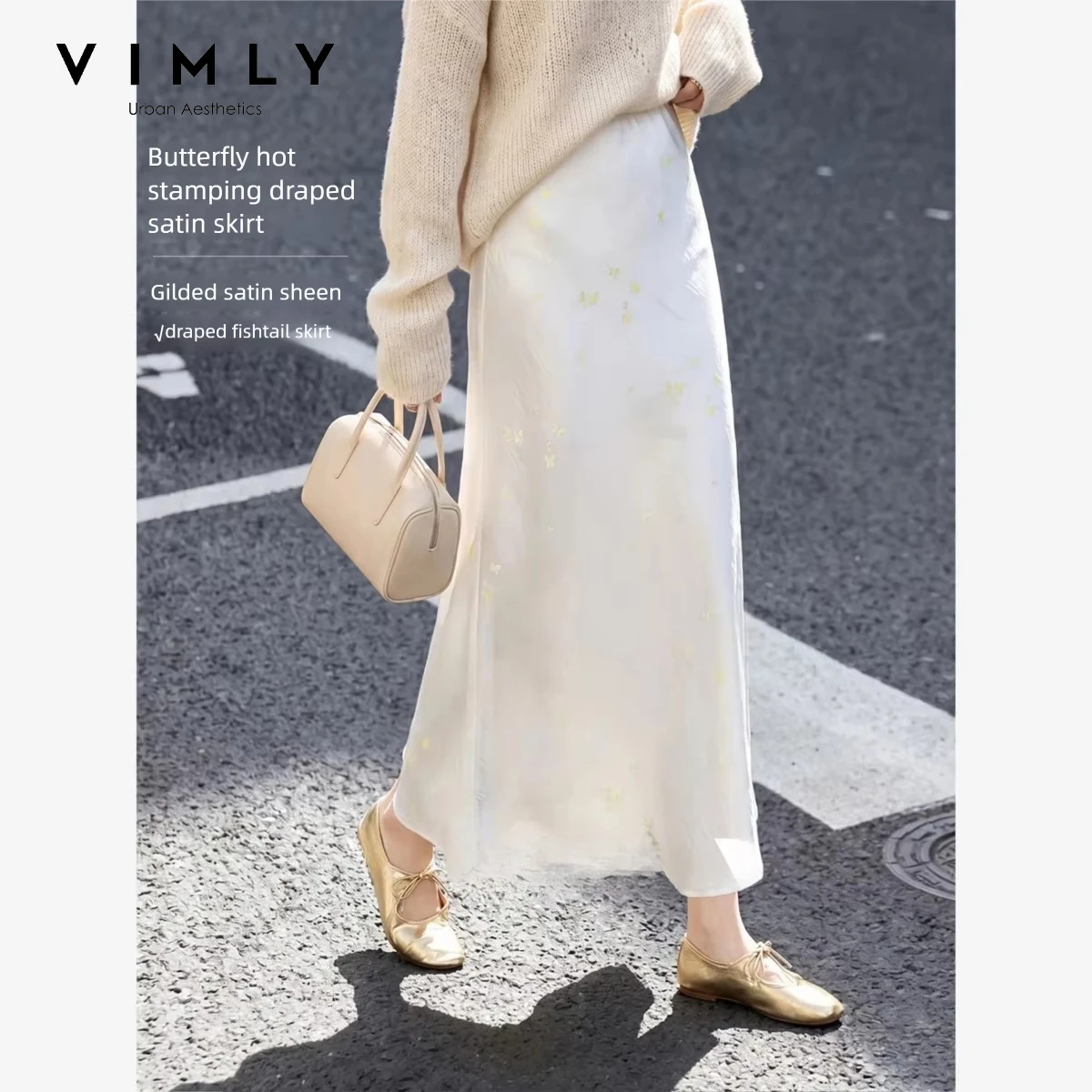 VIMLY French Elegant Midi Skirt for Women Butterfly Gold Foil Flowy Satin Mermaid Long Skirt 2026 Autumn Female Clothing 31686