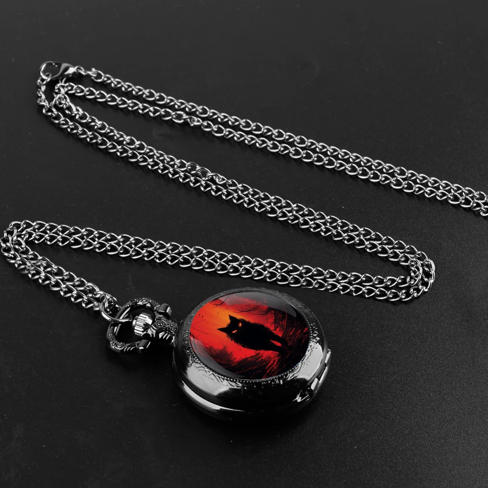 Orologio da tasca al quarzo nero con cupola in vetro Dark Cat con quadrante con numeri arabi e catena resistente, regalo retrò per uomini e donne