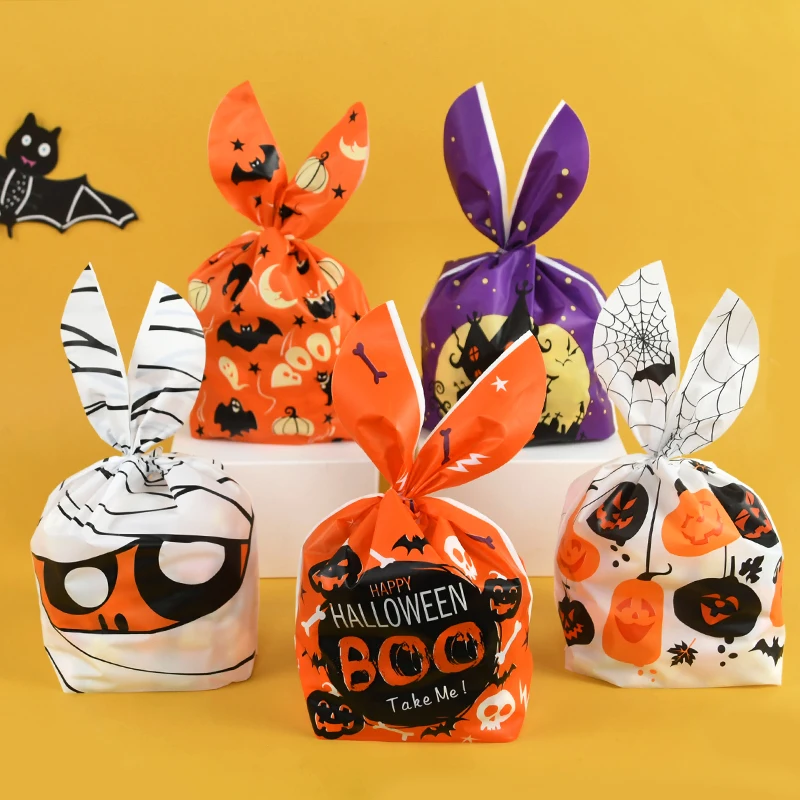 25/50Pcs Halloween Candy Bags Rabbit Ear Pumpkin Plastic Bag Biscuits Dessert Diy Packaging Kid Halloween Party Gift Decor