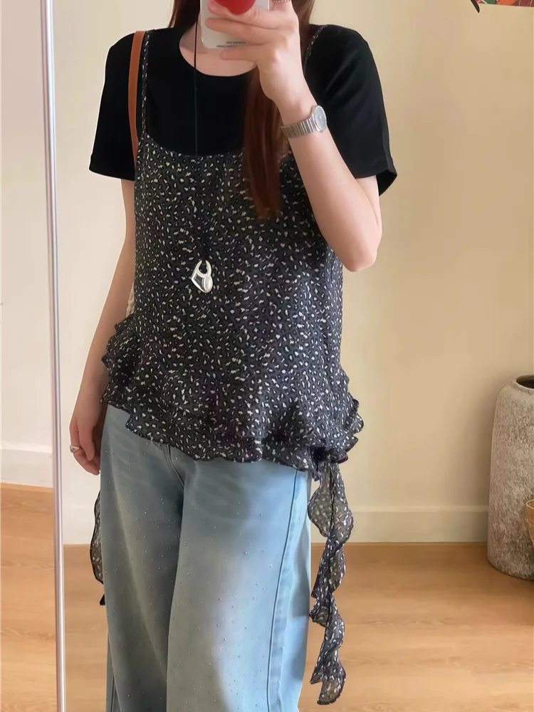 

Kumikumi Women's Summer Floral Tie T-Shirt Short Sleeve round Neck Two-Piece Set Versatile Color Base Layer Top