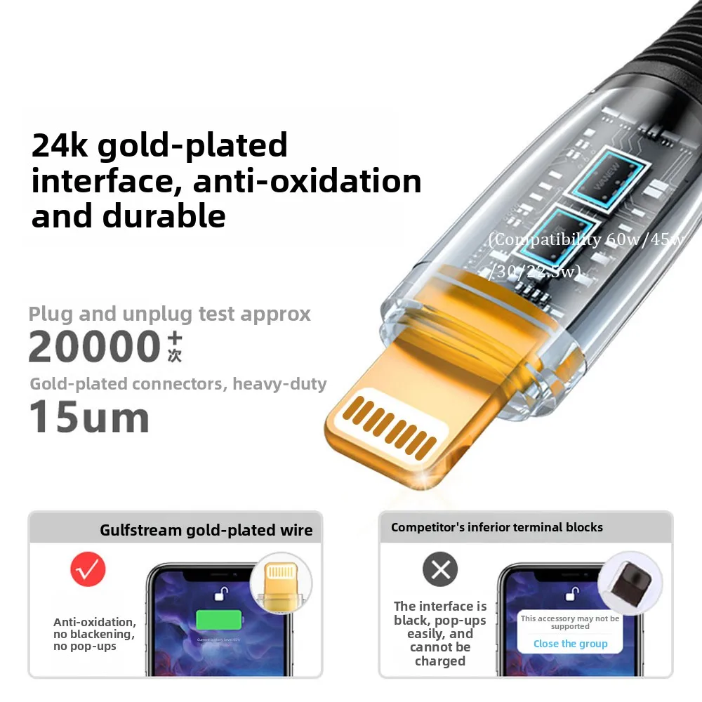 كابل بيانات شفاف PD 100w30w 6a كابل شحن سريع للغاية من النوع C، مناسب لهاتف iPhone17 14 13 12 وكابل بيانات Huawei