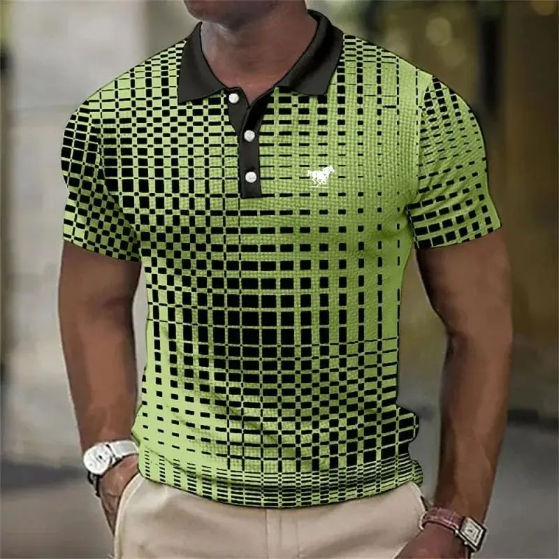 Men's 3D Geometric Plaid Print Polo Shirt, Summer Short Sleeve Black Contrast Collar Casual Golf Polo Tops Fashion Golden Checke