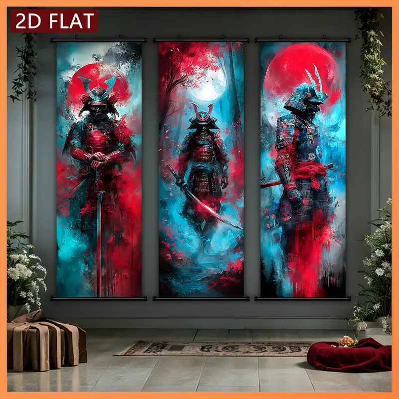 VIKAMA Japanese Samurai Scroll Tapestry, Red Moon Armor Hanging Poster, Wall Art for Living Room Decor