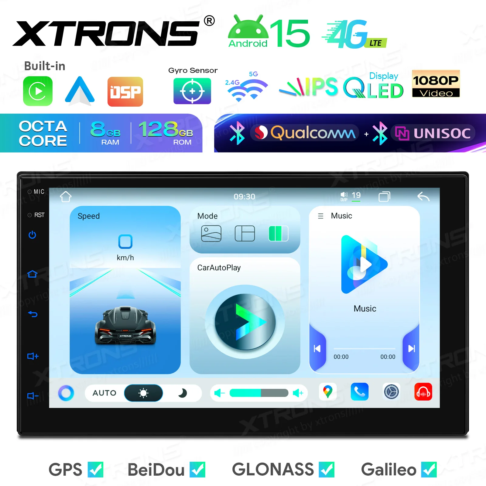 XTRONS 7 inch Android 15 QLED universele double-din autoradio multimediasysteem met ingebouwde DSP GPS Carplay Auto Player 8G+128G