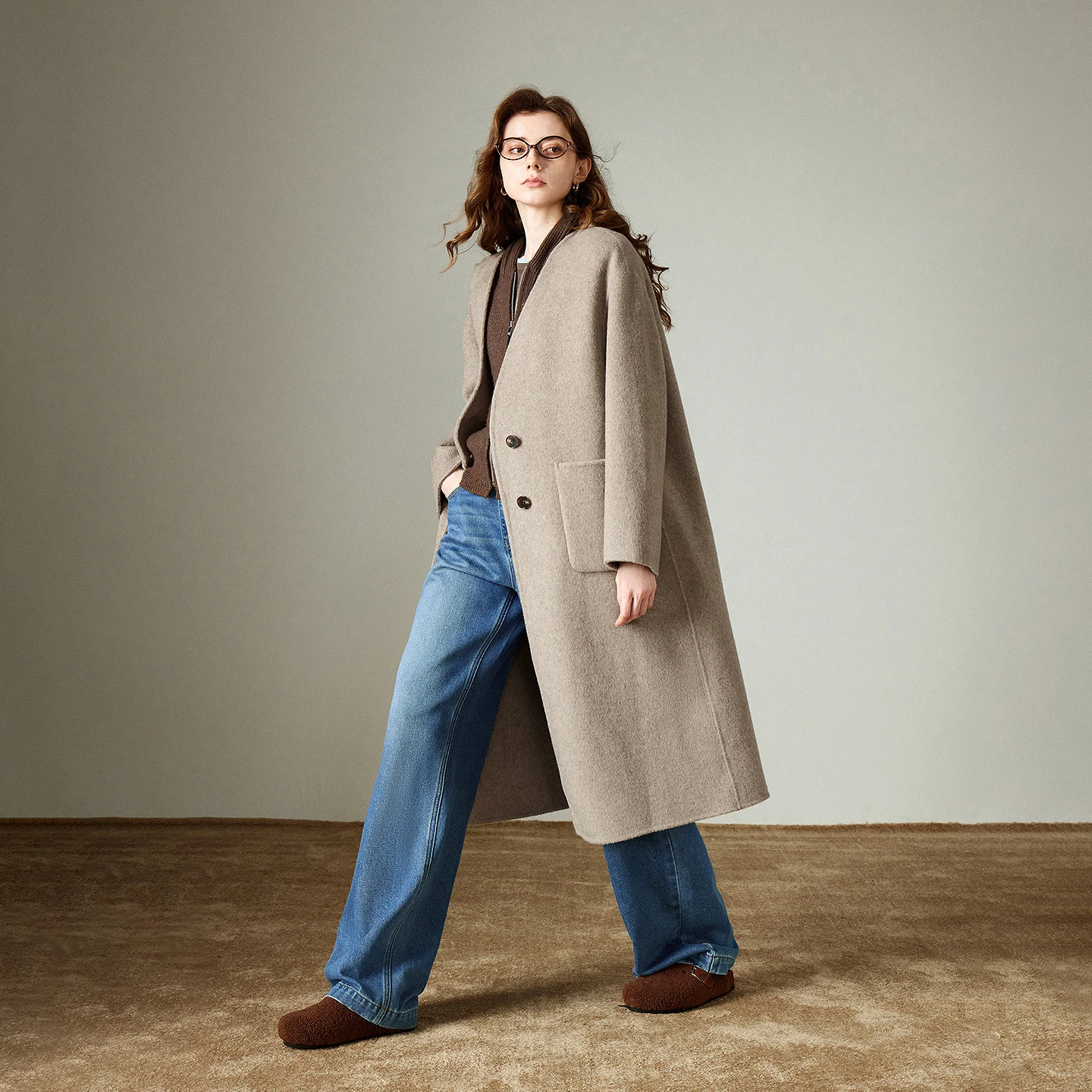 TOYOUTH 여성 울 코트 2025 겨울 신상 브이넥 중간 길이 레트로 여성 오버코트 재킷 카멜 블랙 그레이