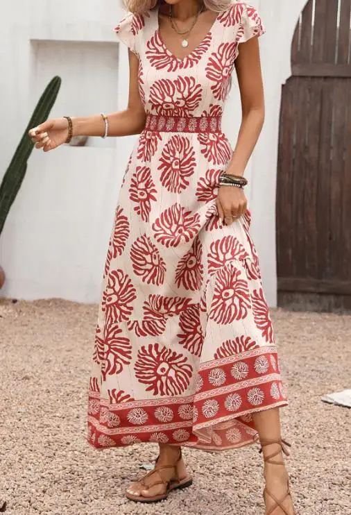 

Women's Dress 2026 Summer New Retro Vacation Style Waist Cinched Geometric Floral Print Dress Fashionable Casual Dress