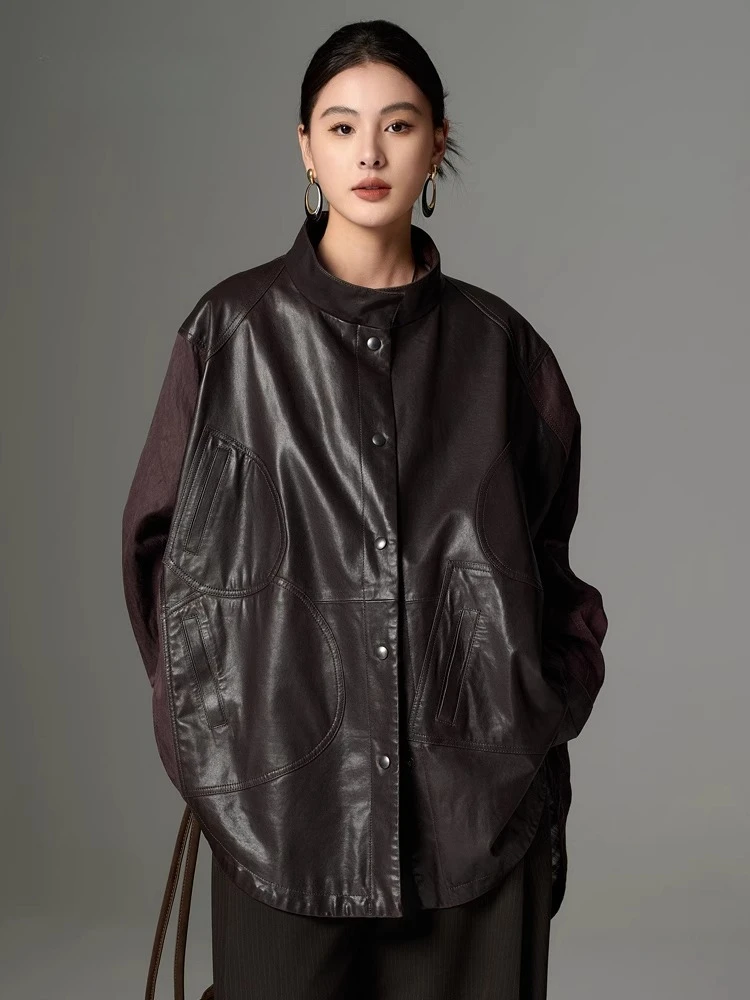 

Mid-length Oversize Genuine Leather Jackets Women Spring Autumn High-end Simple Stand Collar Rayon Spliced Real Cow Leather Coat