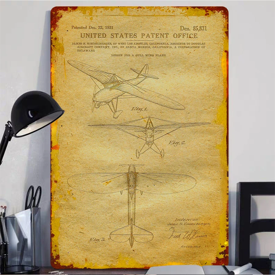 Vintage 1931 Airplane Patent Drawing Metal Wall Art Industrial Home Decor for Living Room Study Bar