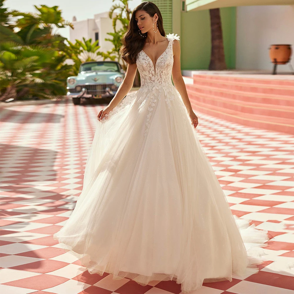 Customized Sparkle Tulle Wedding Dress with 3D Floral Romantic A-Line Straps V-Neck Chapel Train Button Back Vestido De Novia