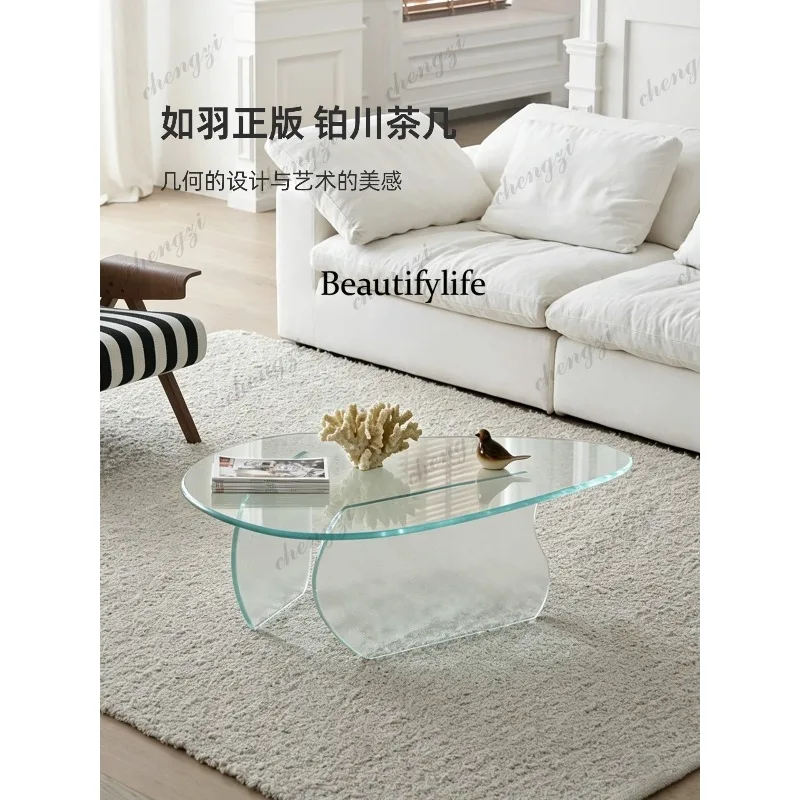 Hot-melt glass coffee table, irregular-shaped tea color designer wabi-sabi style small apartment