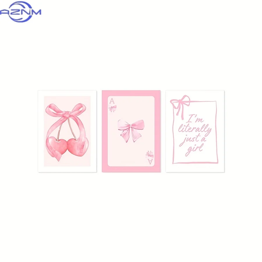3pcs/set, Pink Bows Ace Card Watercolor Painting Prints, Unframed Aesthetic Wall Art, Trendy Posters for Dorm, Preppy Wall Deco