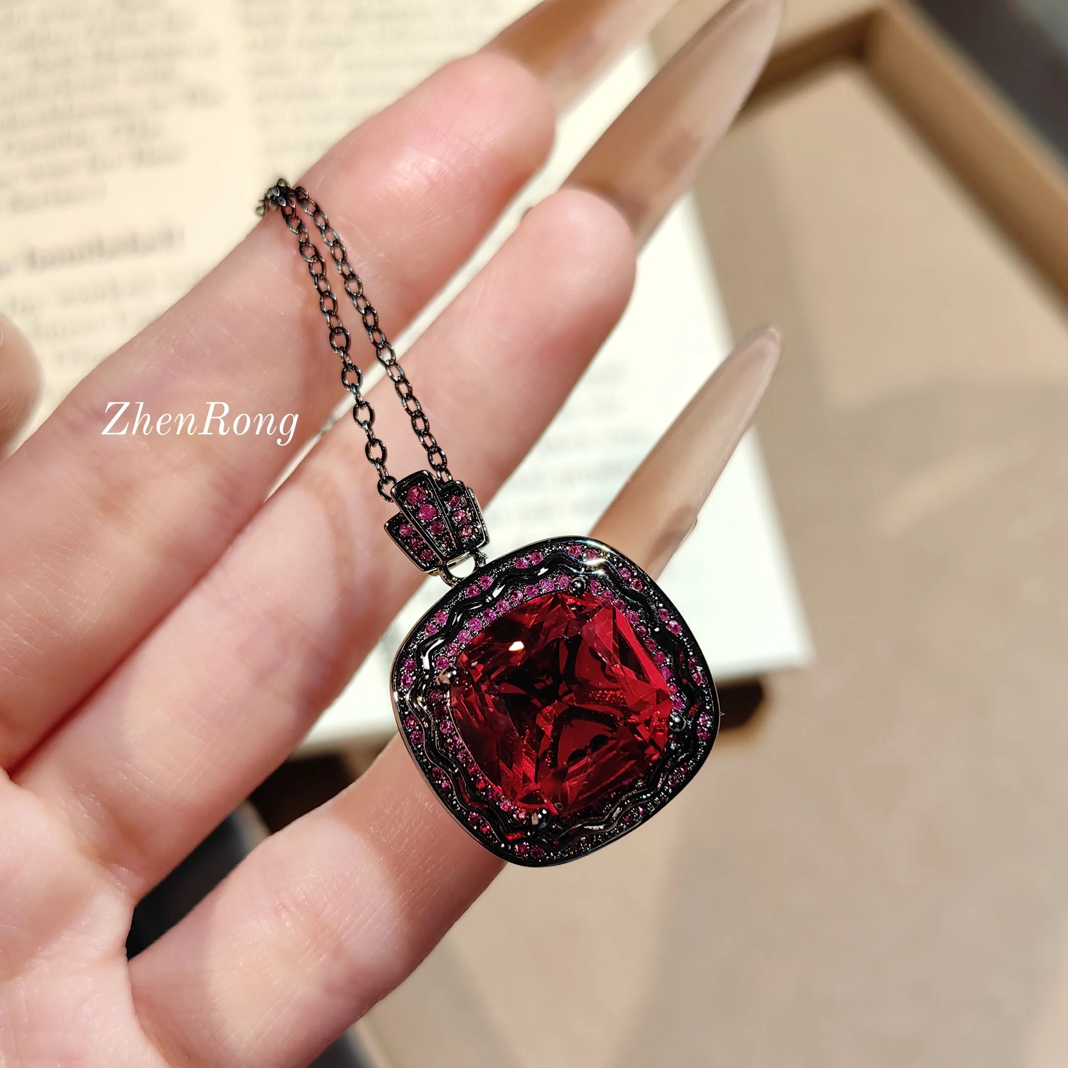 European and American dark style red zircon set with black gold plating ring, women's temperament necklace set, earrings - Image 6